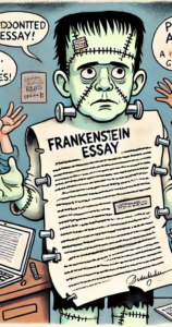 A cartoon illustrating a 'Frankenstein Essay' scenario. A student holding a disjointed essay with visible seams and patches, resembling Frankenstein's monster. Surrounding the student are a roommate, a professor, a premed advisor, a friend, and a parent, all giving conflicting advice. The student looks confused and overwhelmed. The background includes a messy desk with books, notes, and a laptop.